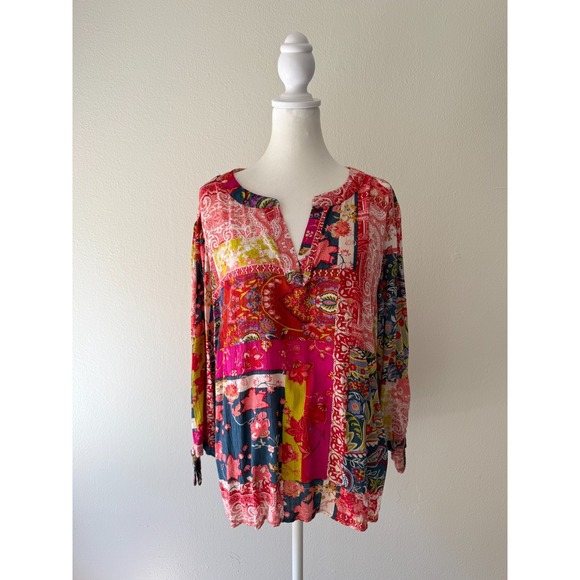 Jones New York Womens Size 2X Multicolor Patchwork Long Sleeves Tunic Blouse Top - Picture 2 of 12